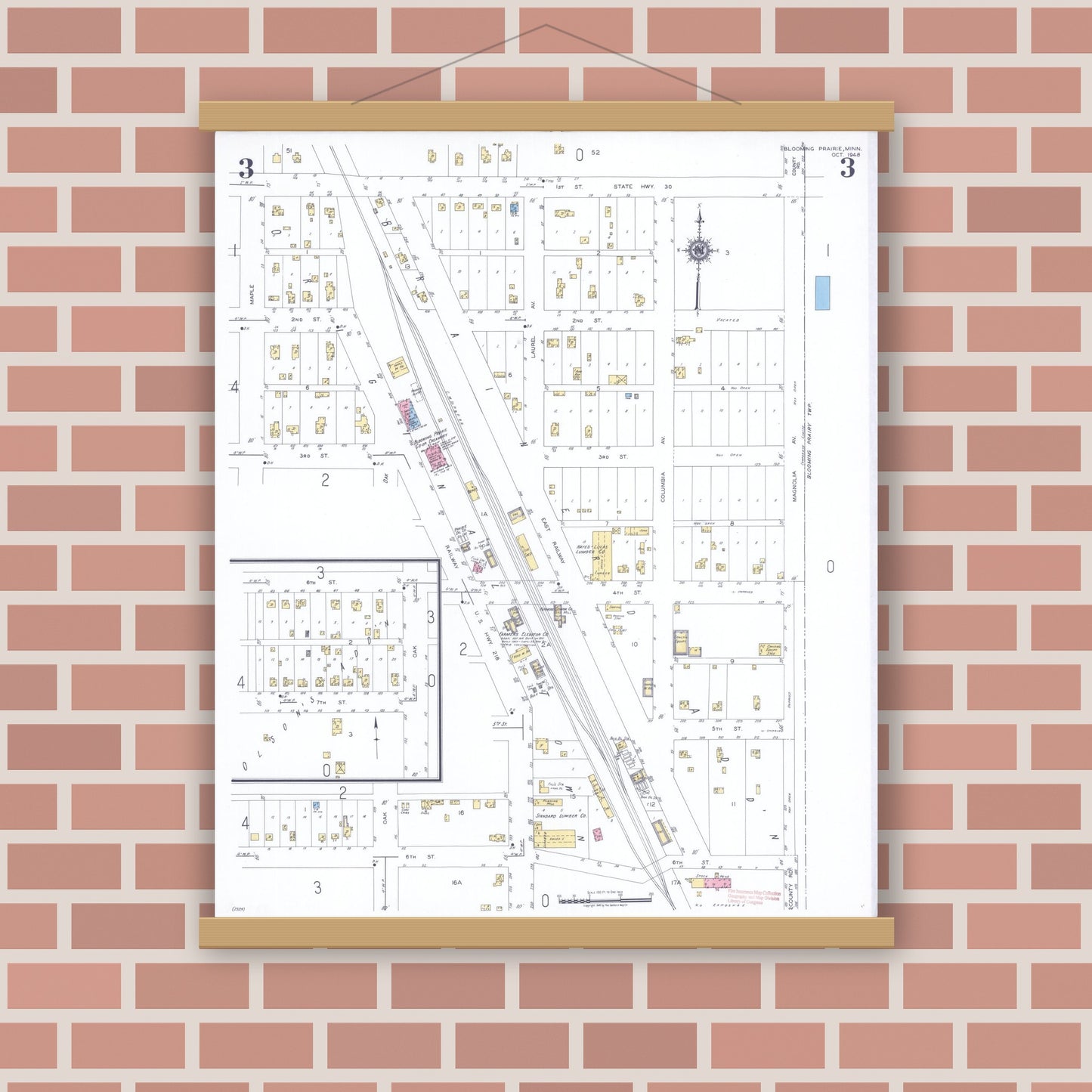 Old map wall art mockup — magnetic wood frame on brick wall — Sanborn Fire Insurance Map from Blooming Prairie, Steele County, Minnesota (1948), Sheet #0003