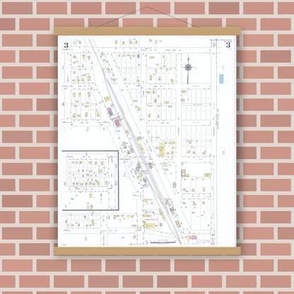 Old map wall art mockup — magnetic wood frame on brick wall — Sanborn Fire Insurance Map from Blooming Prairie, Steele County, Minnesota (1948), Sheet #0003