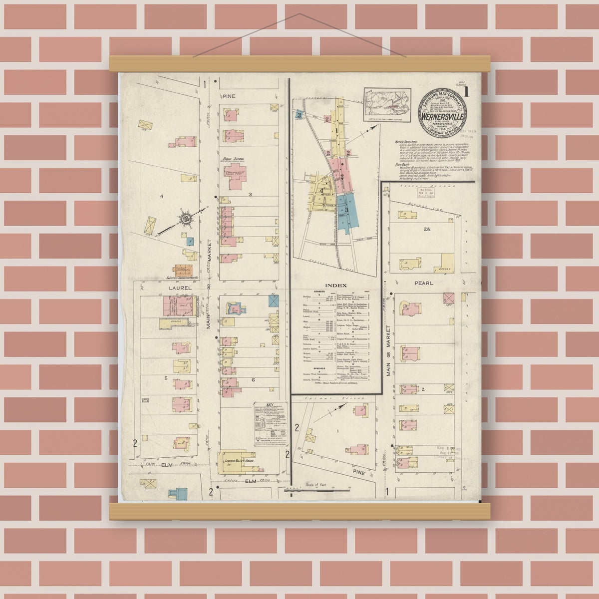 Old map wall art mockup — magnetic wood frame on brick wall — Sanborn Fire Insurance Map from Wernersville, Berks County, Pennsylvania (1914) - Complete Map Set