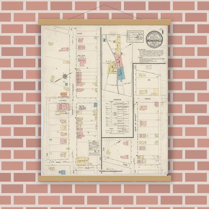 Old map wall art mockup — magnetic wood frame on brick wall — Sanborn Fire Insurance Map from Wernersville, Berks County, Pennsylvania (1914) - Complete Map Set