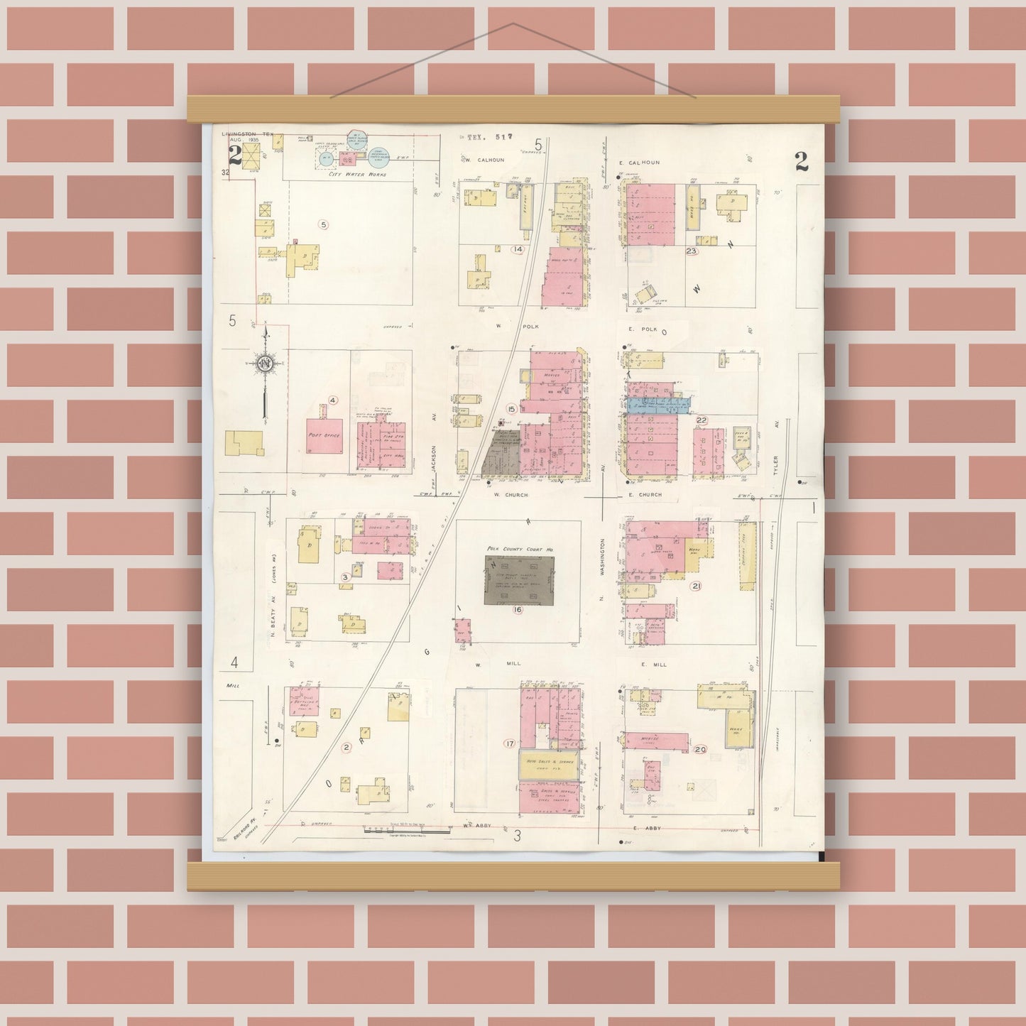 Old map wall art mockup — magnetic wood frame on brick wall — Sanborn Fire Insurance Map from Livingston, Polk County, Texas (1943), Sheet #0002