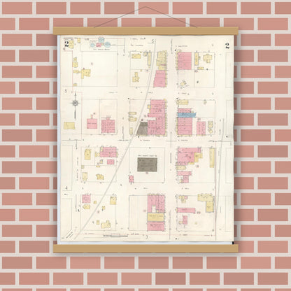 Old map wall art mockup — magnetic wood frame on brick wall — Sanborn Fire Insurance Map from Livingston, Polk County, Texas (1943), Sheet #0002