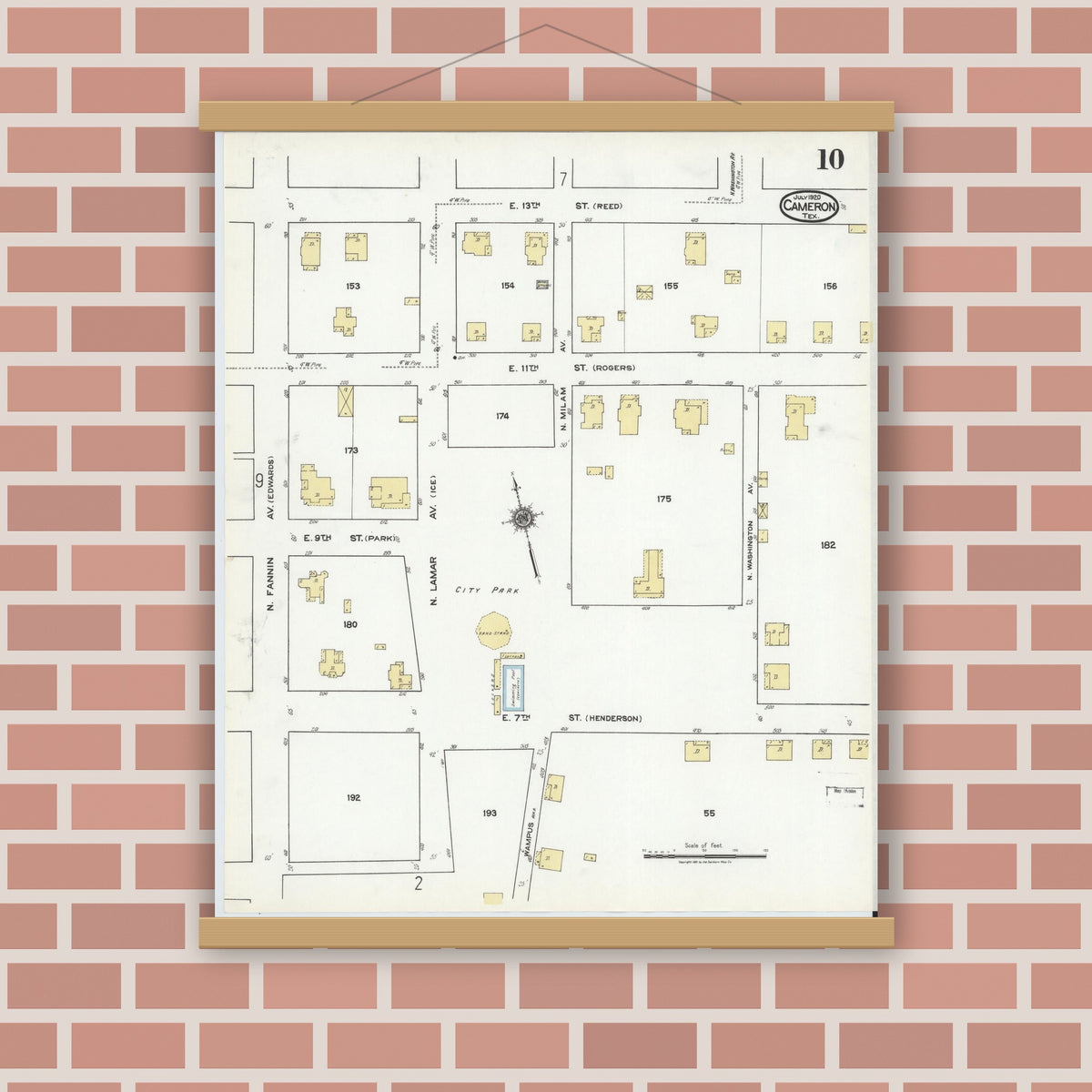 Old map wall art mockup — magnetic wood frame on brick wall — Sanborn Fire Insurance Map from Cameron, Milam County, Texas (1920), Sheet #0010