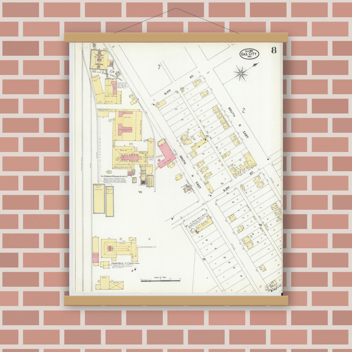 Old map wall art mockup — magnetic wood frame on brick wall — Sanborn Fire Insurance Map from Gas City, Grant County, Indiana (1904), Sheet #0008