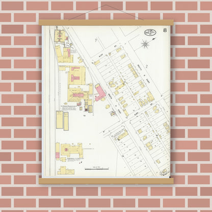 Old map wall art mockup — magnetic wood frame on brick wall — Sanborn Fire Insurance Map from Gas City, Grant County, Indiana (1904), Sheet #0008