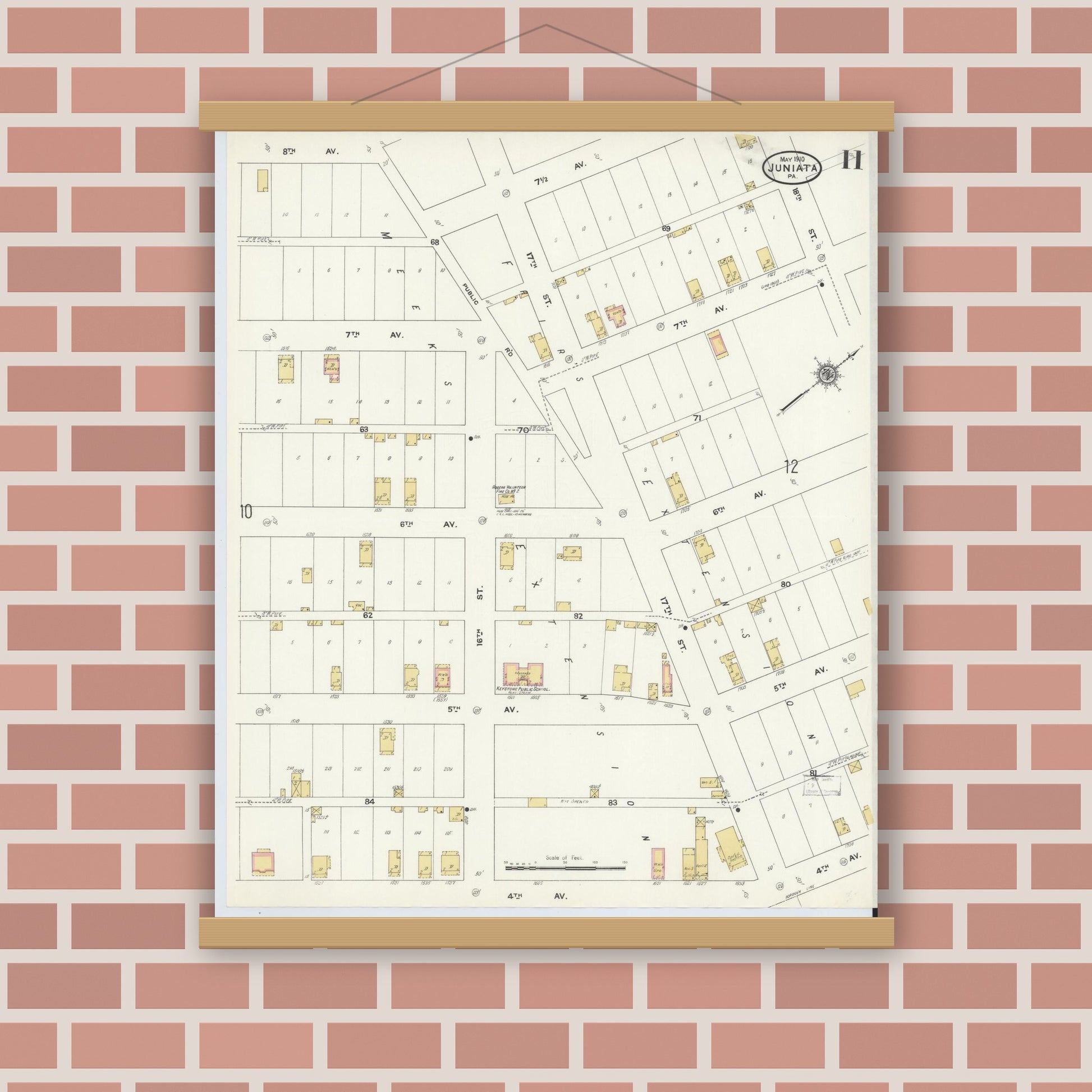 Old map wall art mockup — magnetic wood frame on brick wall — Sanborn Fire Insurance Map from Juniata, Blair County, Pennsylvania (1910), Sheet #0011