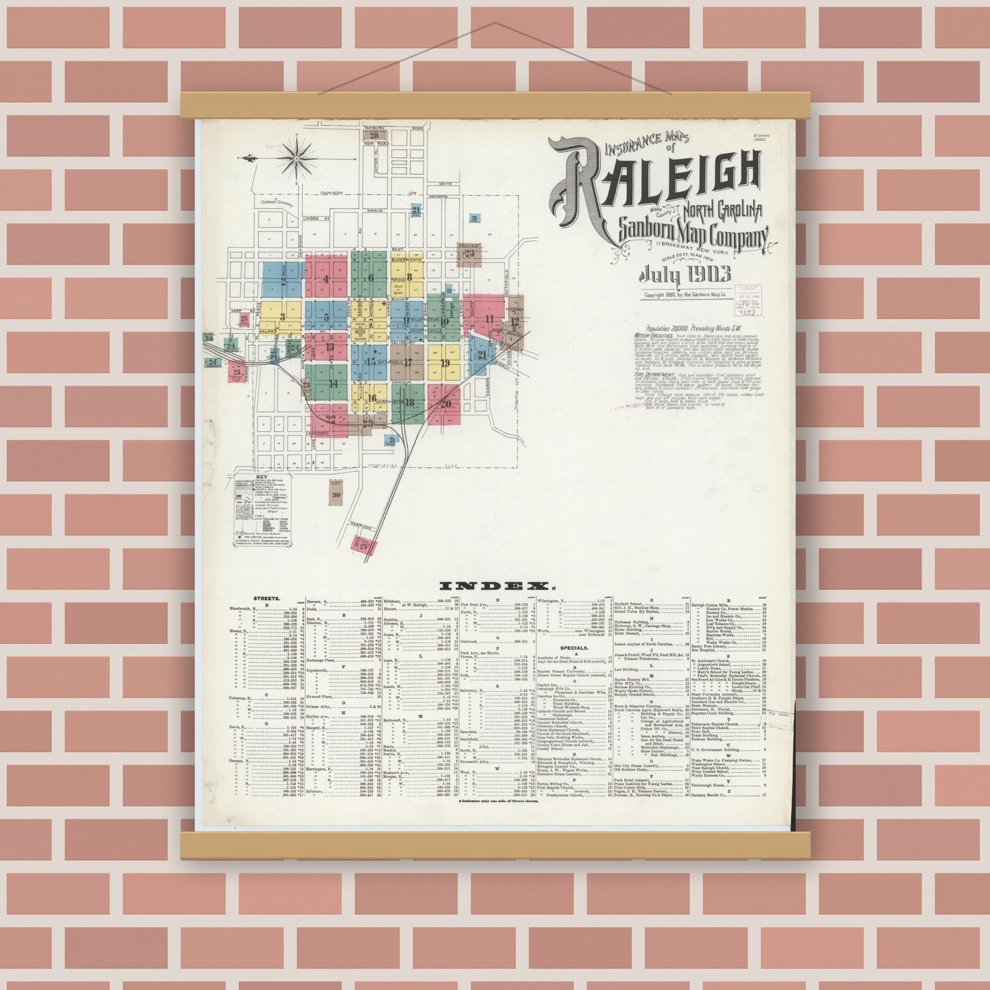 Old map wall art mockup — magnetic wood frame on brick wall — Sanborn Fire Insurance Map from Raleigh, Wake County, North Carolina (1903), Sheet #0001