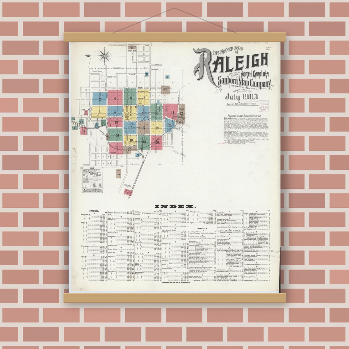 Old map wall art mockup — magnetic wood frame on brick wall — Sanborn Fire Insurance Map from Raleigh, Wake County, North Carolina (1903), Sheet #0001
