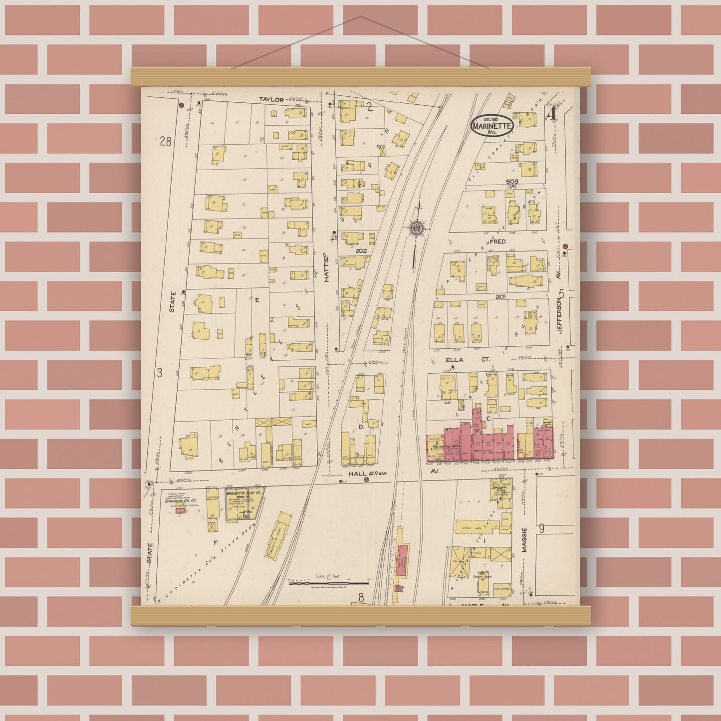 Old map wall art mockup — magnetic wood frame on brick wall — Sanborn Fire Insurance Map from Marinette, Marinette County, Wisconsin (1921), Sheet #0004