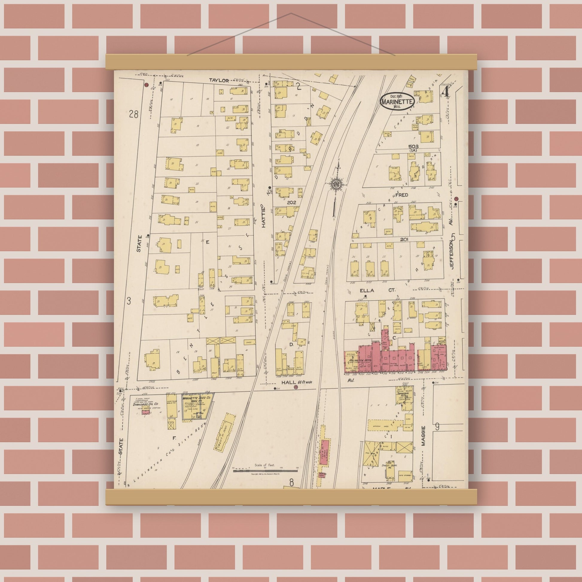 Old map wall art mockup — magnetic wood frame on brick wall — Sanborn Fire Insurance Map from Marinette, Marinette County, Wisconsin (1921), Sheet #0004