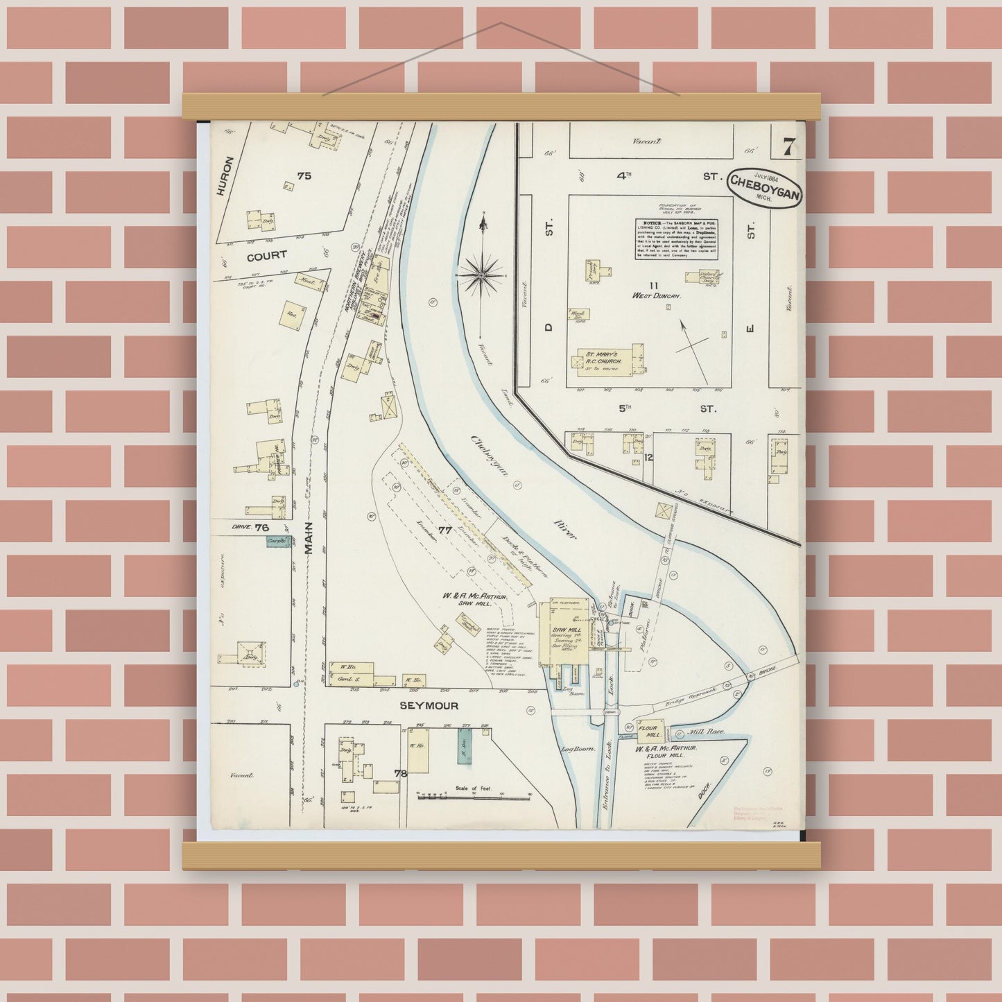 Old map wall art mockup — magnetic wood frame on brick wall — Sanborn Fire Insurance Map from Cheboygan, Cheboygan County, Michigan (1884), Sheet #0007