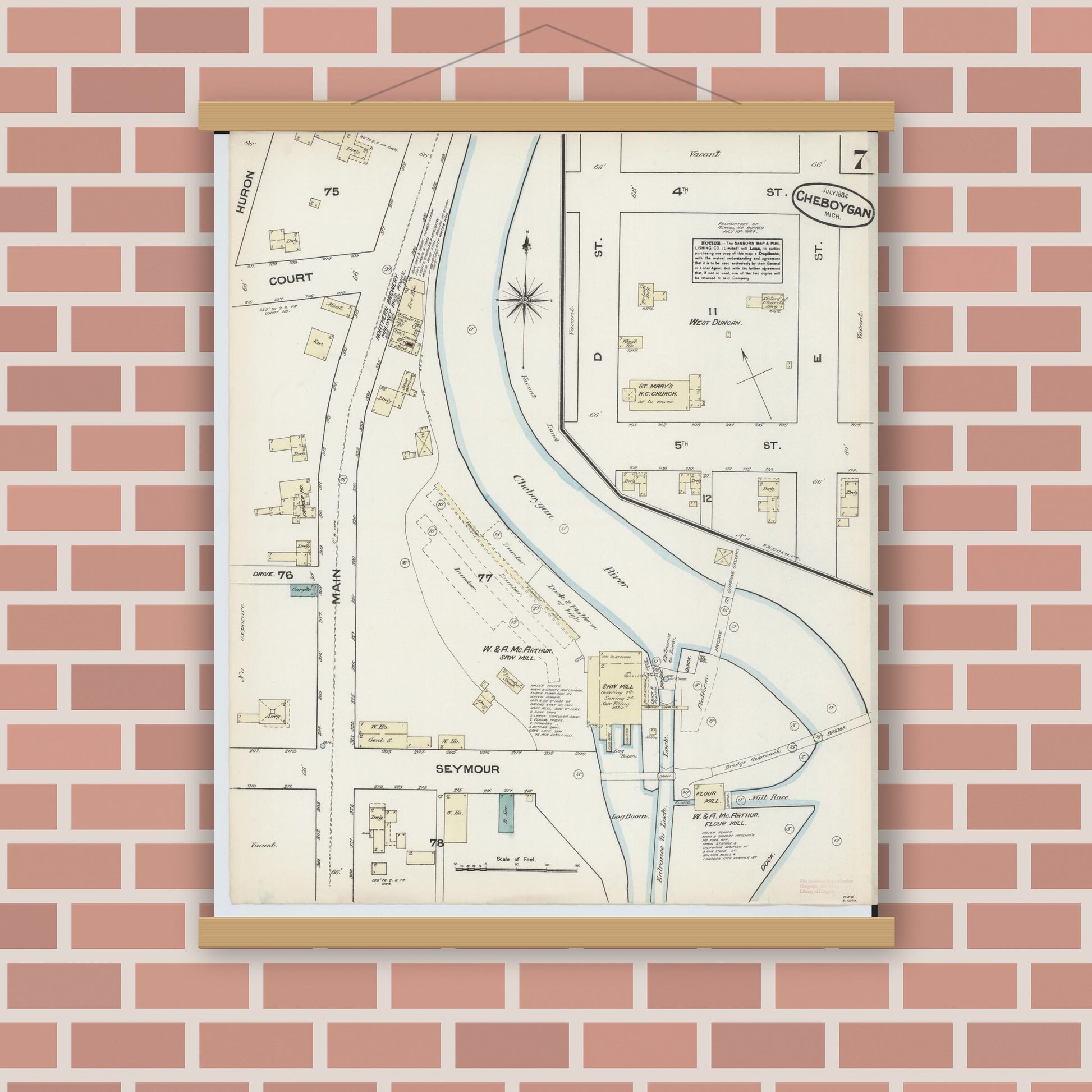 Old map wall art mockup — magnetic wood frame on brick wall — Sanborn Fire Insurance Map from Cheboygan, Cheboygan County, Michigan (1884), Sheet #0007