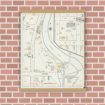 Old map wall art mockup — magnetic wood frame on brick wall — Sanborn Fire Insurance Map from Cheboygan, Cheboygan County, Michigan (1884), Sheet #0007