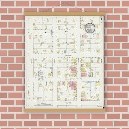 Old map wall art mockup — magnetic wood frame on brick wall — Sanborn Fire Insurance Map from Fremont, Steuben County, Indiana (1895) - Complete Map Set