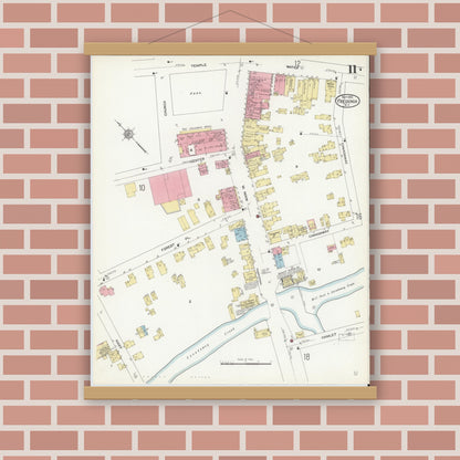 Old map wall art mockup — magnetic wood frame on brick wall — Sanborn Fire Insurance Map from Fredonia, Chautauqua County, New York (1912), Sheet #0011