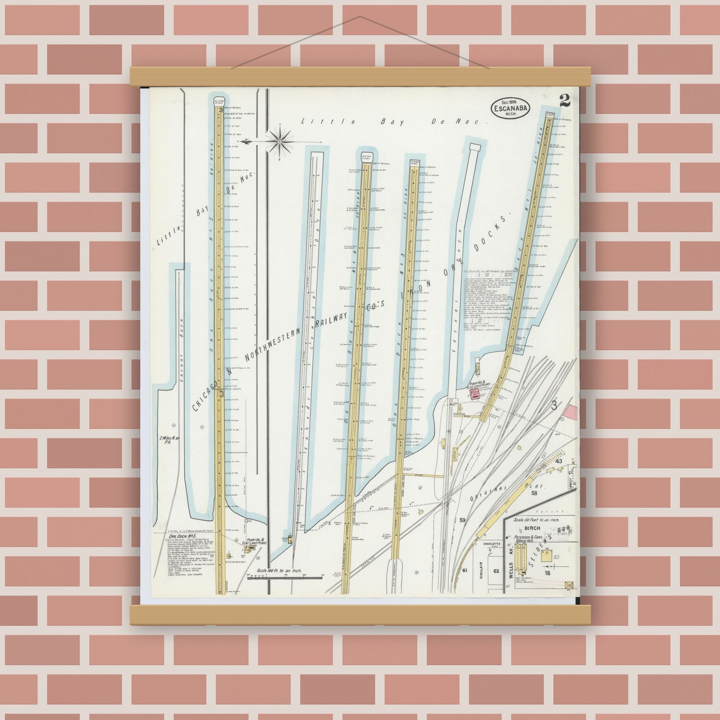 Old map wall art mockup — magnetic wood frame on brick wall — Sanborn Fire Insurance Map from Escanaba, Delta County, Michigan (1899), Sheet #0002