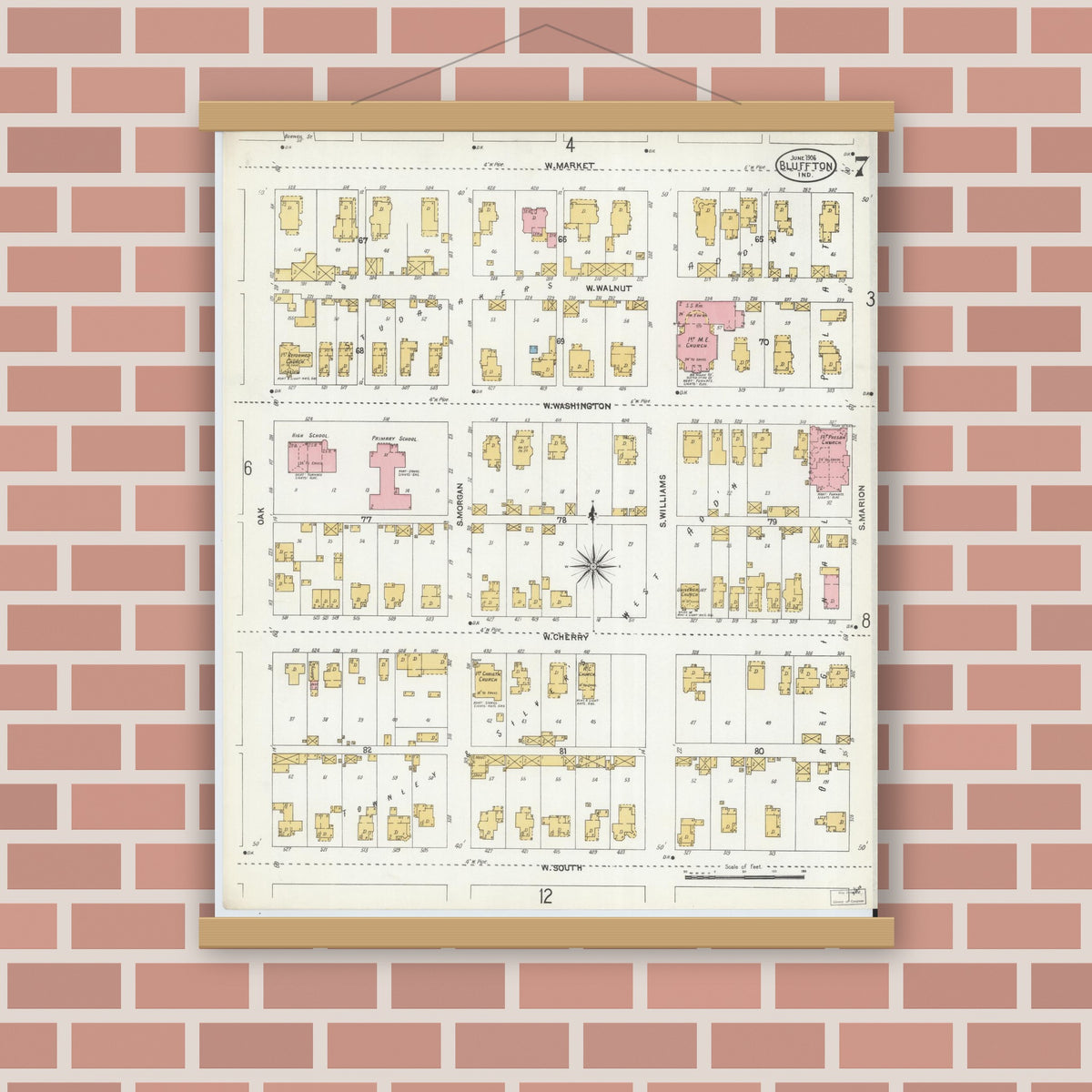 Old map wall art mockup — magnetic wood frame on brick wall — Sanborn Fire Insurance Map from Bluffton, Wells County, Indiana (1906), Sheet #0007