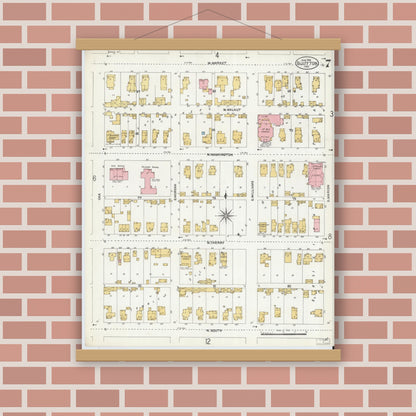 Old map wall art mockup — magnetic wood frame on brick wall — Sanborn Fire Insurance Map from Bluffton, Wells County, Indiana (1906), Sheet #0007