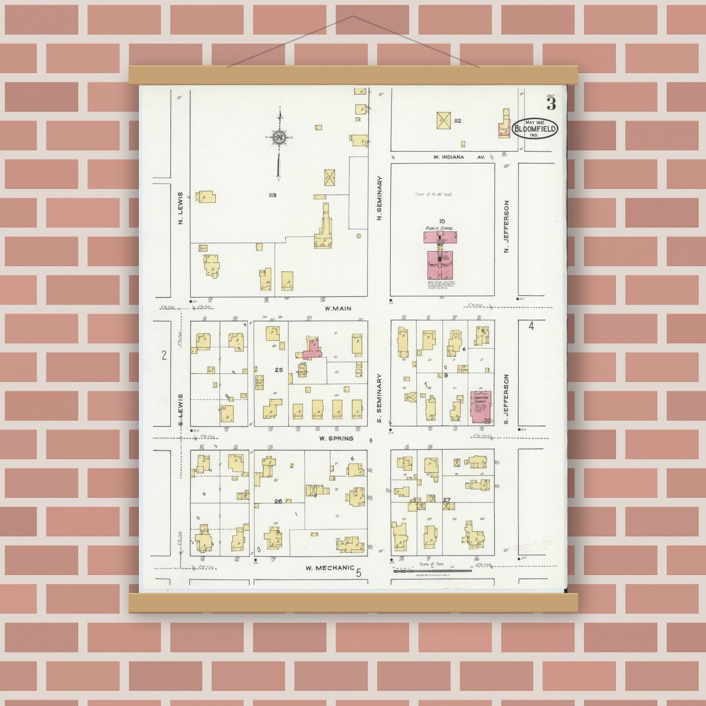 Old map wall art mockup — magnetic wood frame on brick wall — Sanborn Fire Insurance Map from Bloomfield, Greene County, Indiana (1921), Sheet #0003