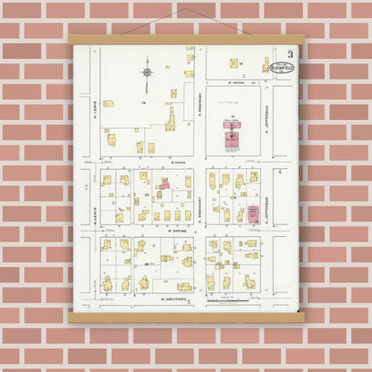 Old map wall art mockup — magnetic wood frame on brick wall — Sanborn Fire Insurance Map from Bloomfield, Greene County, Indiana (1921), Sheet #0003