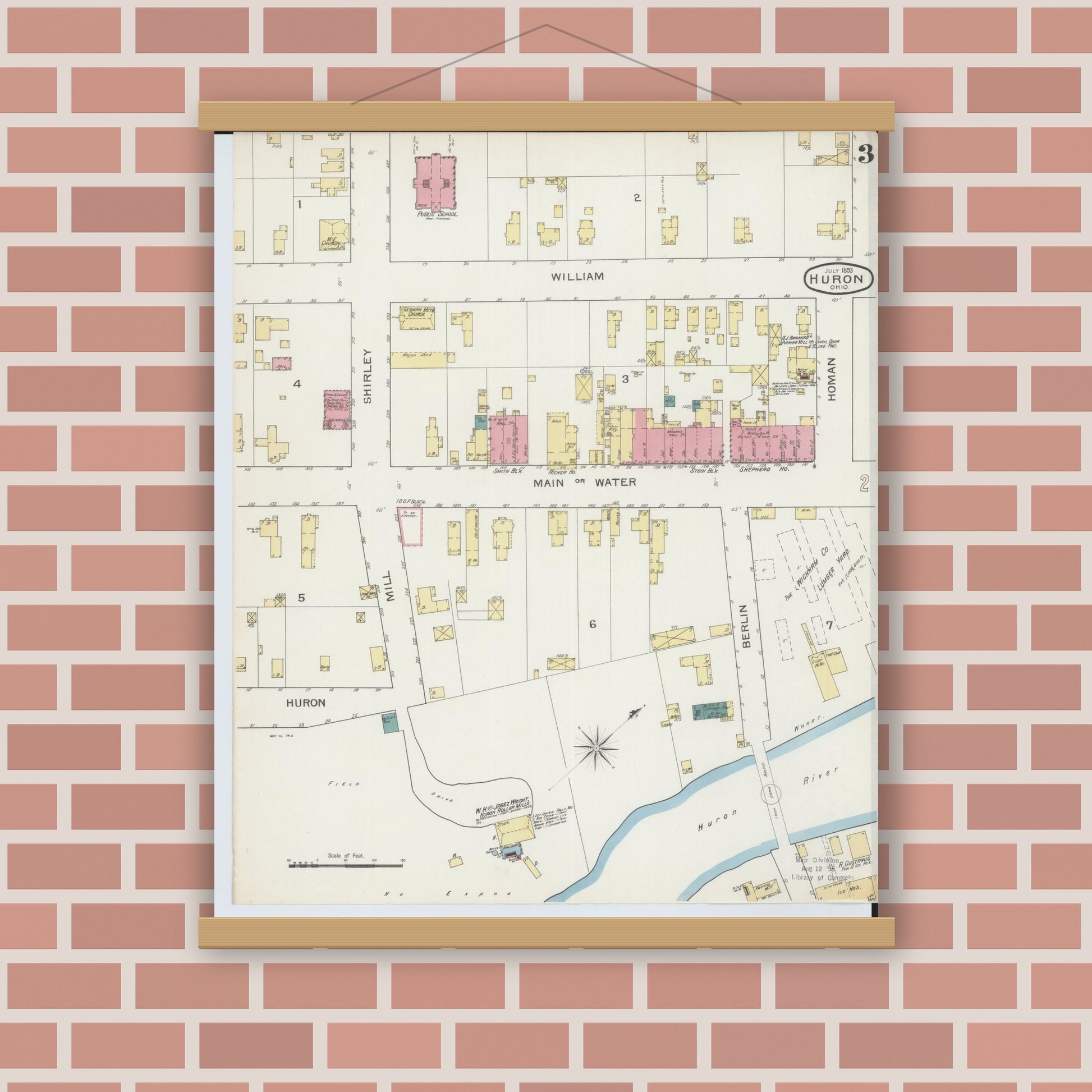 Old map wall art mockup — magnetic wood frame on brick wall — Sanborn Fire Insurance Map from Huron, Erie County, Ohio (1893), Sheet #0003