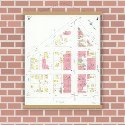Old map wall art mockup — magnetic wood frame on brick wall — Sanborn Fire Insurance Map from Harvard, McHenry County, Illinois (1934), Sheet #0002