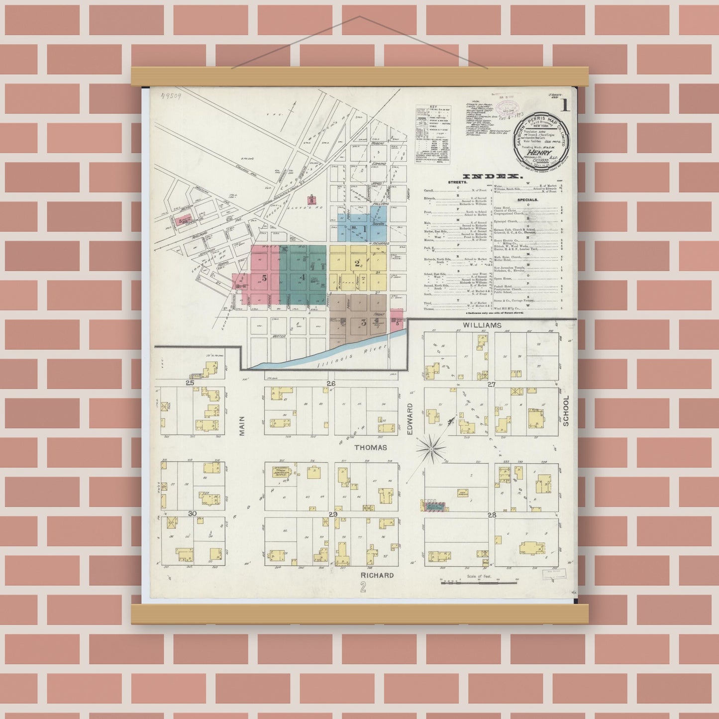 Old map wall art mockup — magnetic wood frame on brick wall — Sanborn Fire Insurance Map from Henry, Marshall County, Illinois (1893) - Complete Map Set