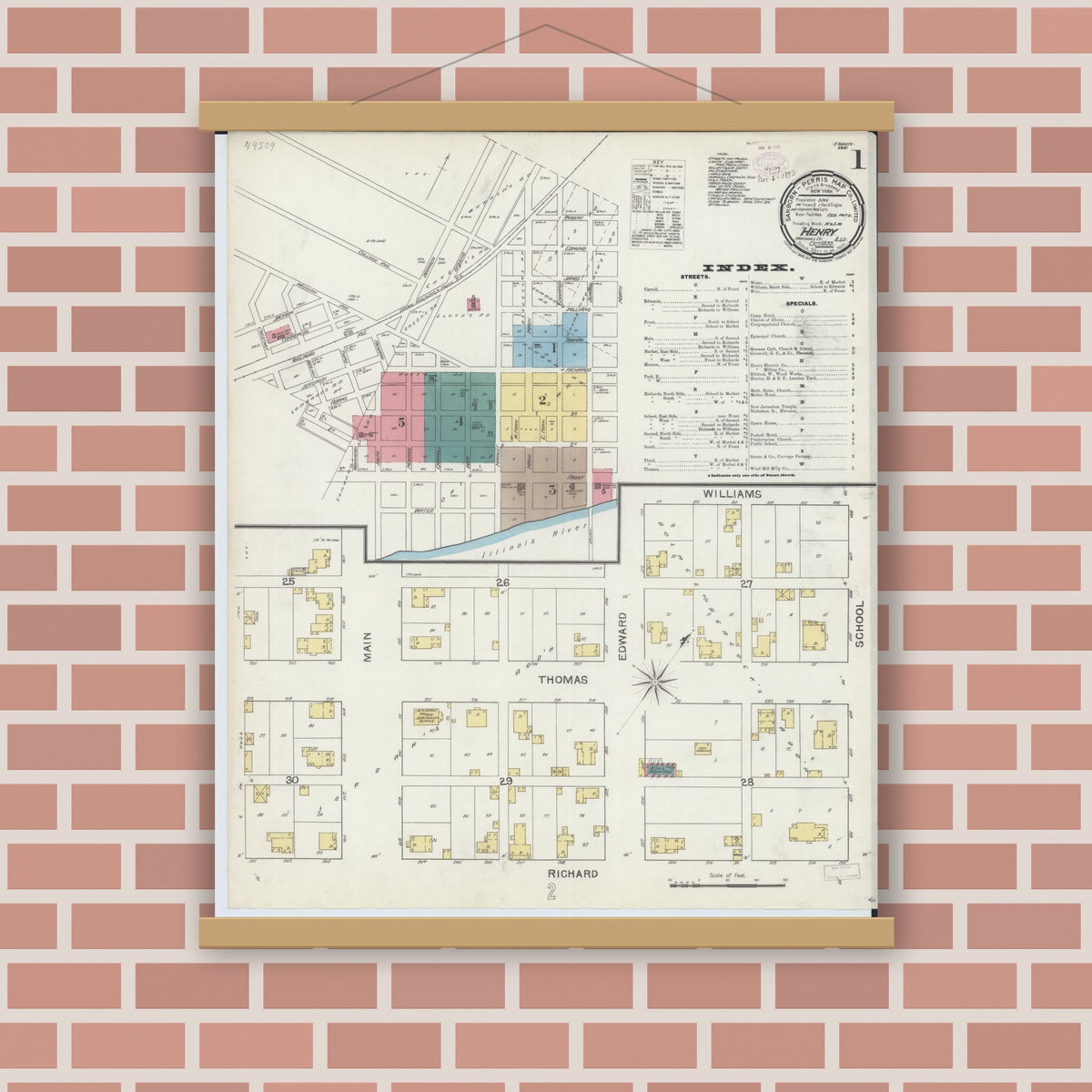 Old map wall art mockup — magnetic wood frame on brick wall — Sanborn Fire Insurance Map from Henry, Marshall County, Illinois (1893) - Complete Map Set