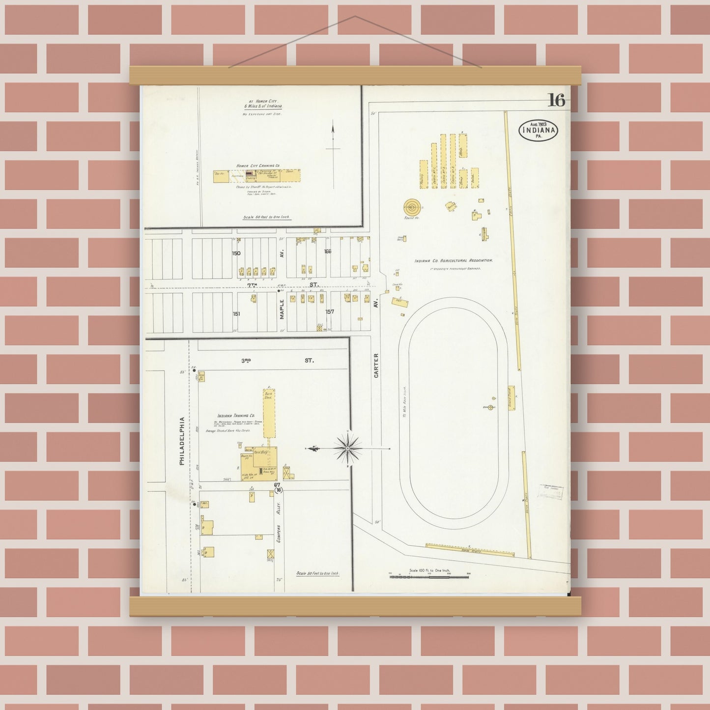 Old map wall art mockup — magnetic wood frame on brick wall — Sanborn Fire Insurance Map from Indiana, Indiana County, Pennsylvania (1903), Sheet #0016