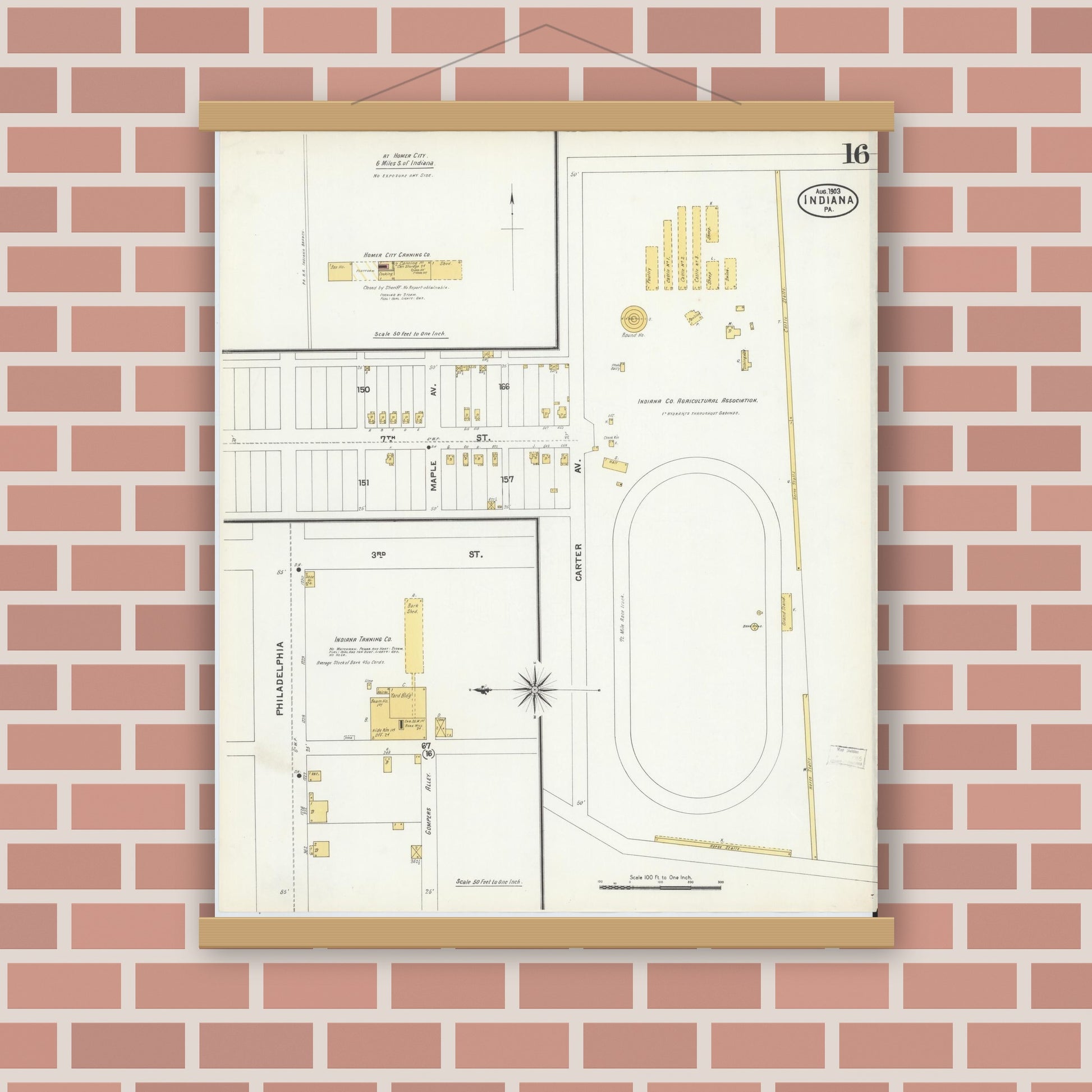 Old map wall art mockup — magnetic wood frame on brick wall — Sanborn Fire Insurance Map from Indiana, Indiana County, Pennsylvania (1903), Sheet #0016