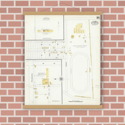Old map wall art mockup — magnetic wood frame on brick wall — Sanborn Fire Insurance Map from Indiana, Indiana County, Pennsylvania (1903), Sheet #0016