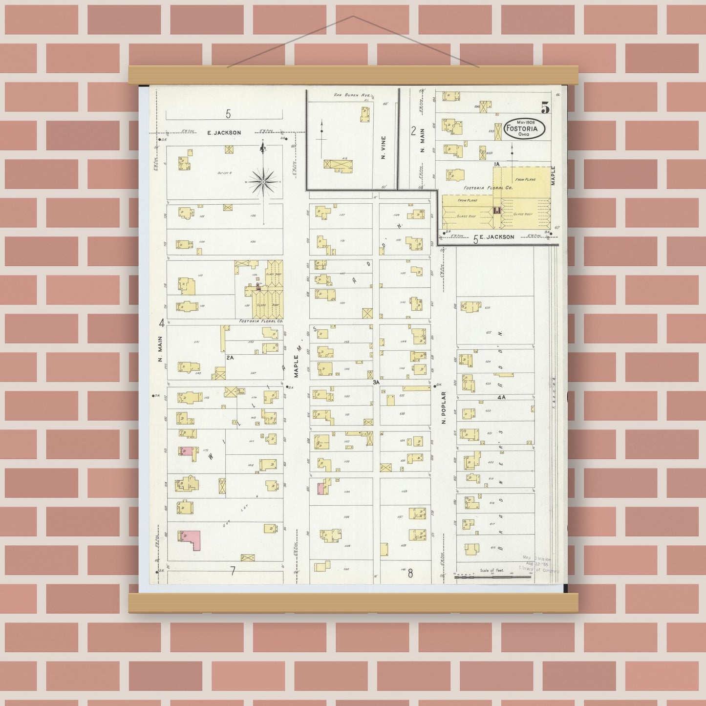 Old map wall art mockup — magnetic wood frame on brick wall — Sanborn Fire Insurance Map from Fostoria, Seneca, Hancock, And Wood Counties, Ohio (1908), Sheet #0005
