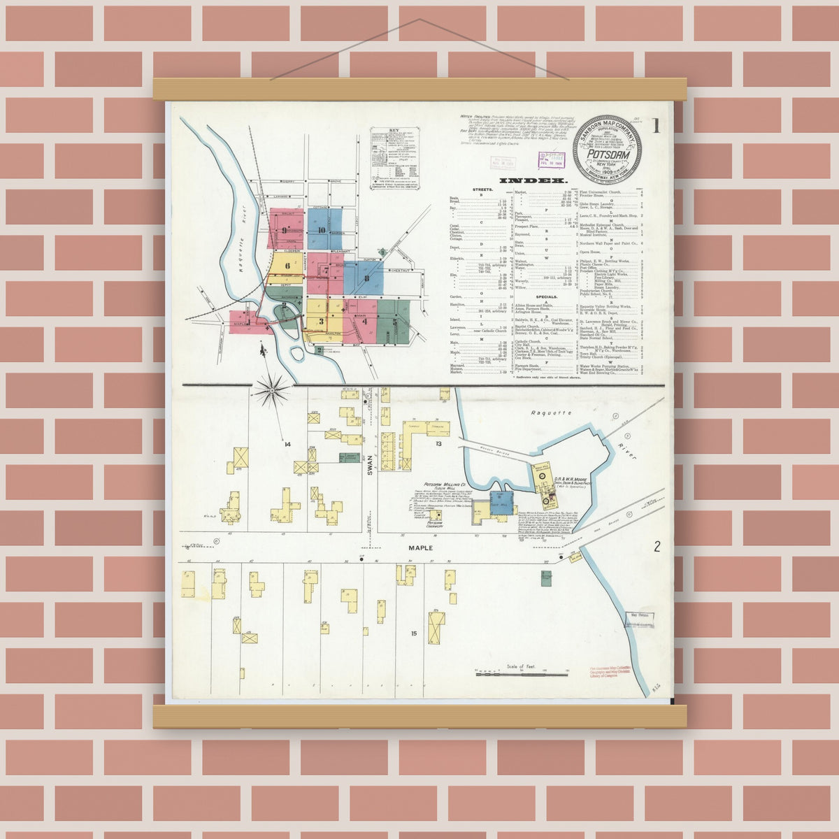 Old map wall art mockup — magnetic wood frame on brick wall — Sanborn Fire Insurance Map from Potsdam, St. Lawrence County, New York (1909) - Complete Map Set