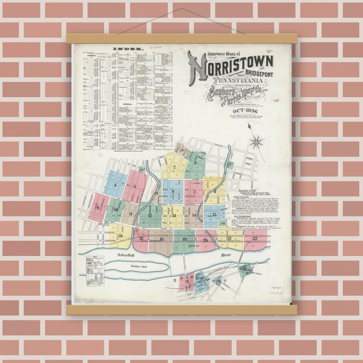 Old map wall art mockup — magnetic wood frame on brick wall — Sanborn Fire Insurance Map from Norristown, Montgomery County, Pennsylvania (1896) - Complete Map Set