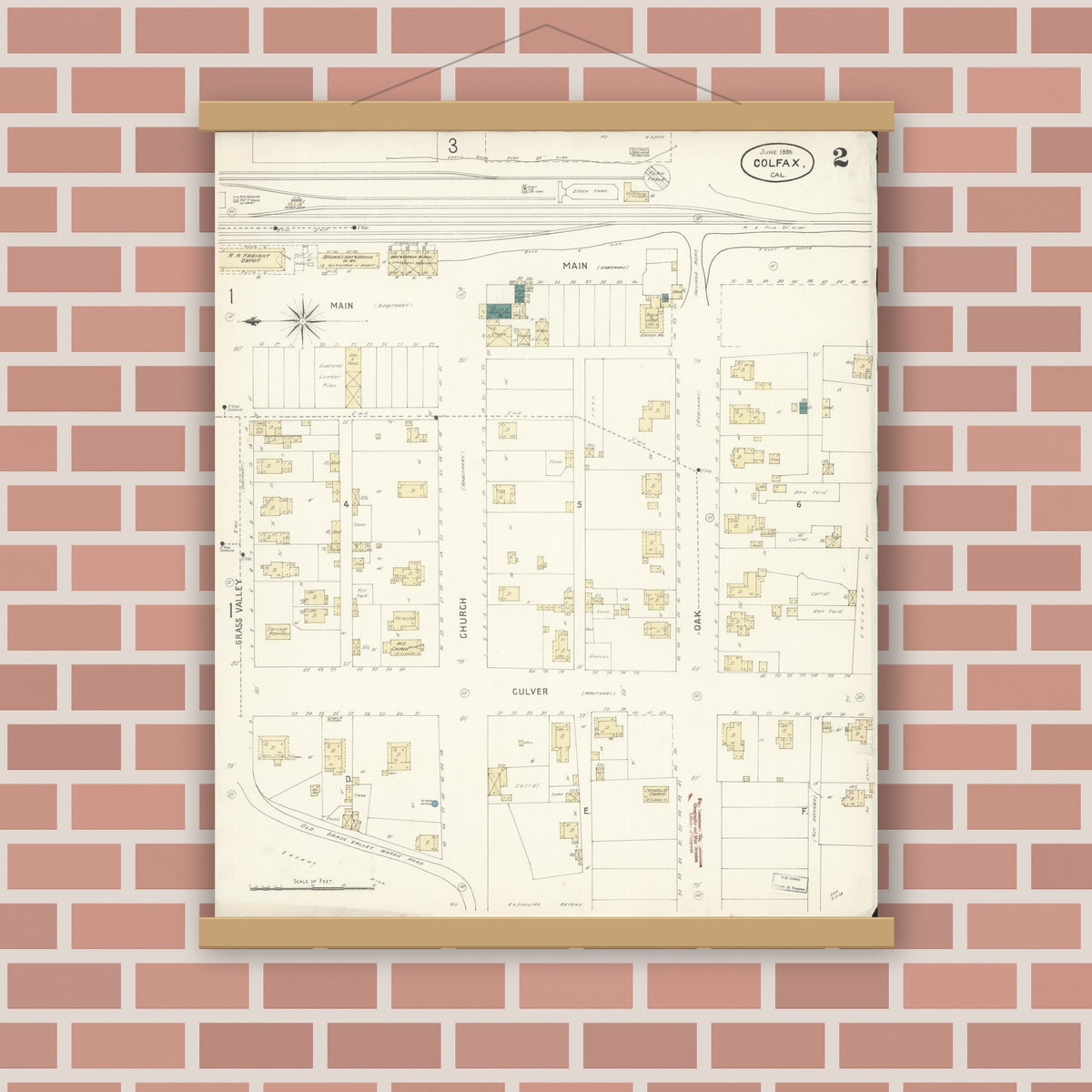 Old map wall art mockup — magnetic wood frame on brick wall — Sanborn Fire Insurance Map from Colfax, Placer County, California (1898), Sheet #0002