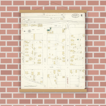 Old map wall art mockup — magnetic wood frame on brick wall — Sanborn Fire Insurance Map from Colfax, Placer County, California (1898), Sheet #0002