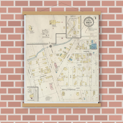 Old map wall art mockup — magnetic wood frame on brick wall — Sanborn Fire Insurance Map from Hamler, Henry County, Ohio (1909) - Complete Map Set