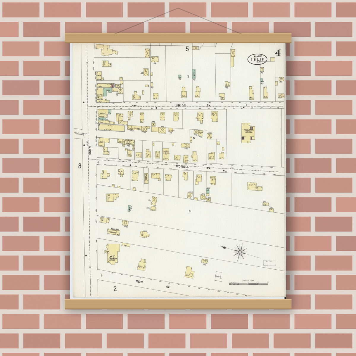Old map wall art mockup — magnetic wood frame on brick wall — Sanborn Fire Insurance Map from Islip, Suffolk County, New York (1897), Sheet #0004