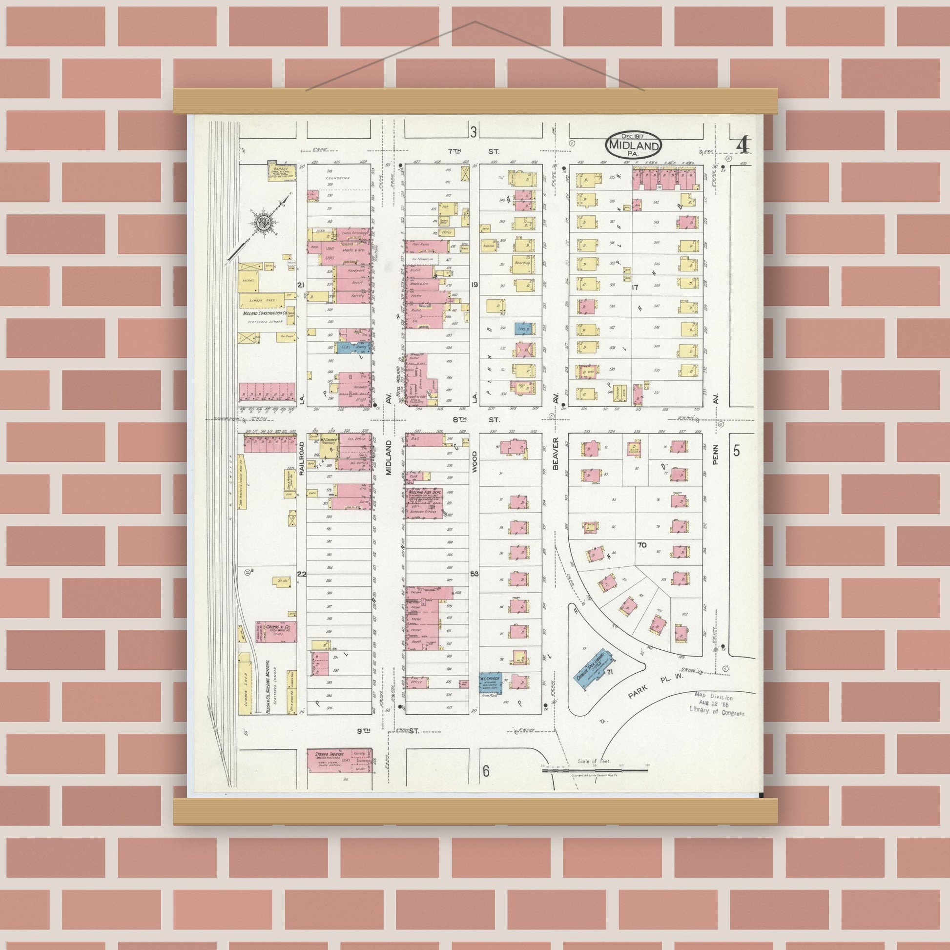Old map wall art mockup — magnetic wood frame on brick wall — Sanborn Fire Insurance Map from Midland, Beaver County, Pennsylvania (1917), Sheet #0004
