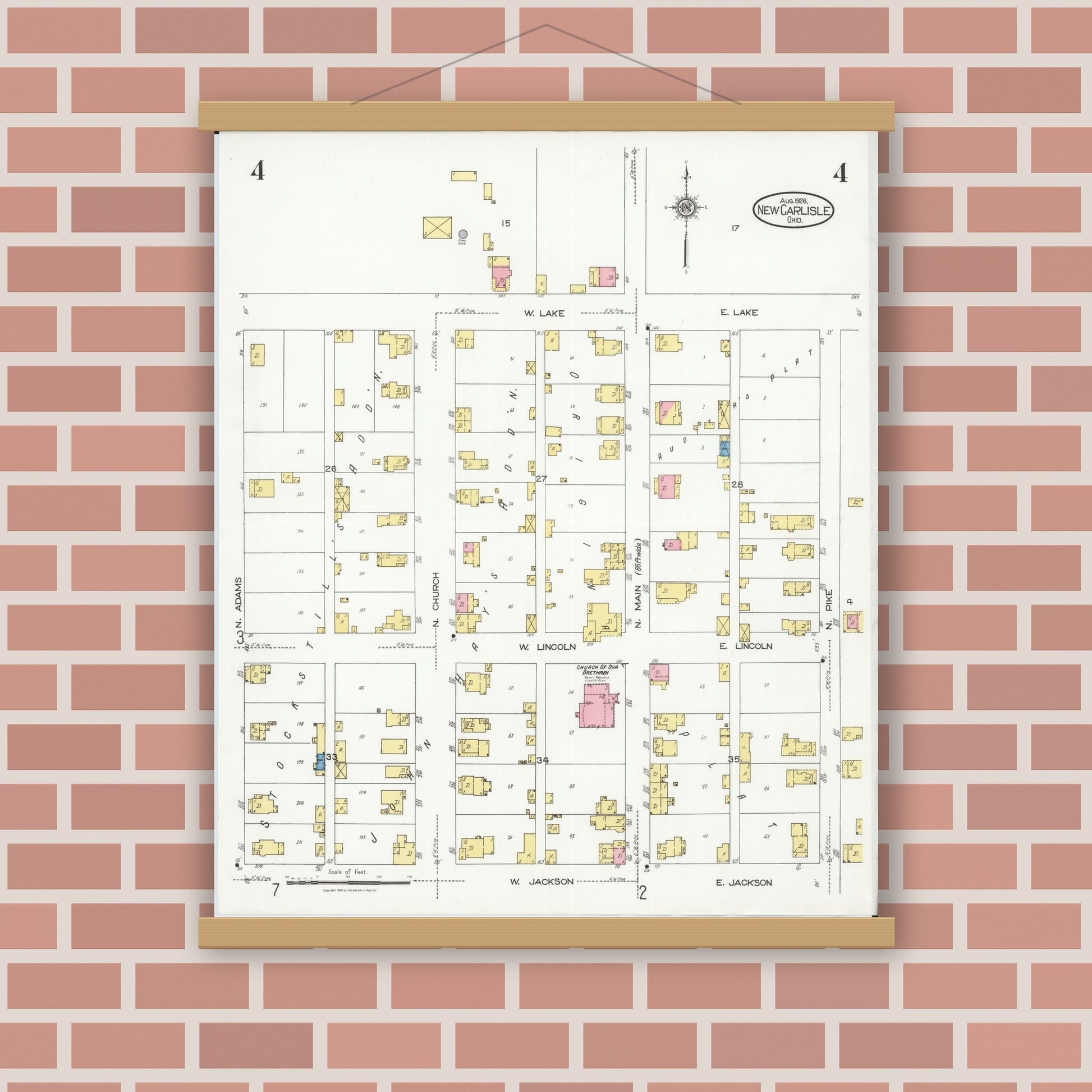 Old map wall art mockup — magnetic wood frame on brick wall — Sanborn Fire Insurance Map from New Carlisle, Clarke County, Ohio (1926), Sheet #0004
