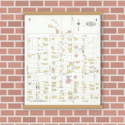 Old map wall art mockup — magnetic wood frame on brick wall — Sanborn Fire Insurance Map from New Carlisle, Clarke County, Ohio (1926), Sheet #0004