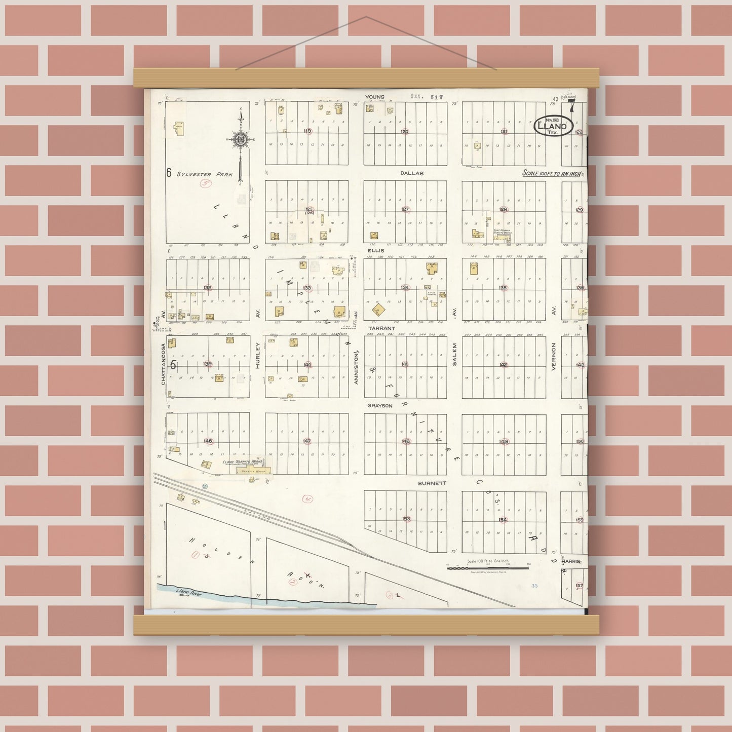 Old map wall art mockup — magnetic wood frame on brick wall — Sanborn Fire Insurance Map from Llano, Llano County, Texas (1942), Sheet #0007