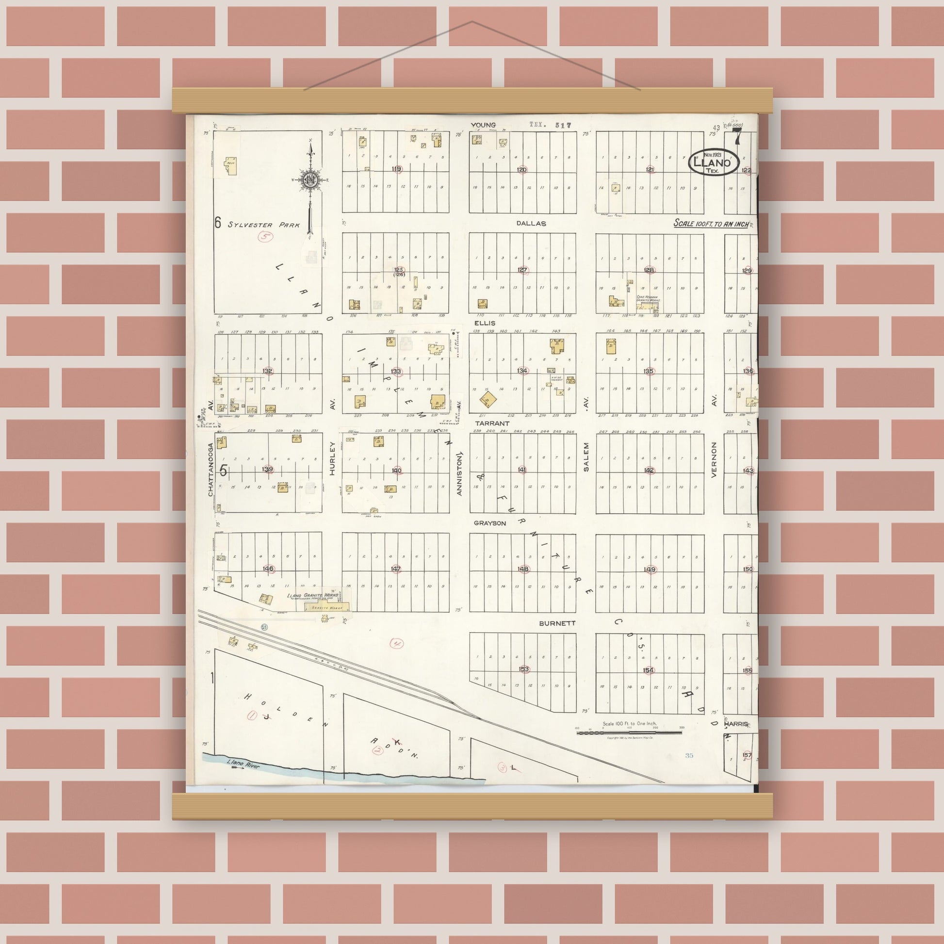 Old map wall art mockup — magnetic wood frame on brick wall — Sanborn Fire Insurance Map from Llano, Llano County, Texas (1942), Sheet #0007