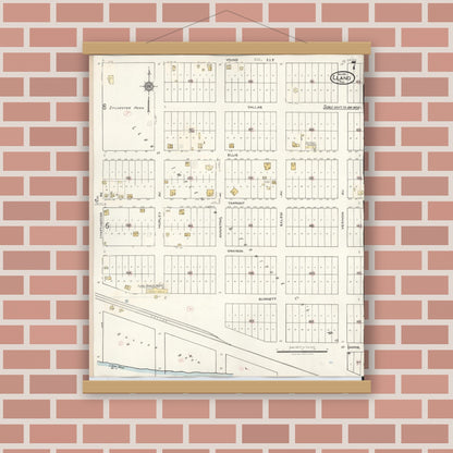 Old map wall art mockup — magnetic wood frame on brick wall — Sanborn Fire Insurance Map from Llano, Llano County, Texas (1942), Sheet #0007