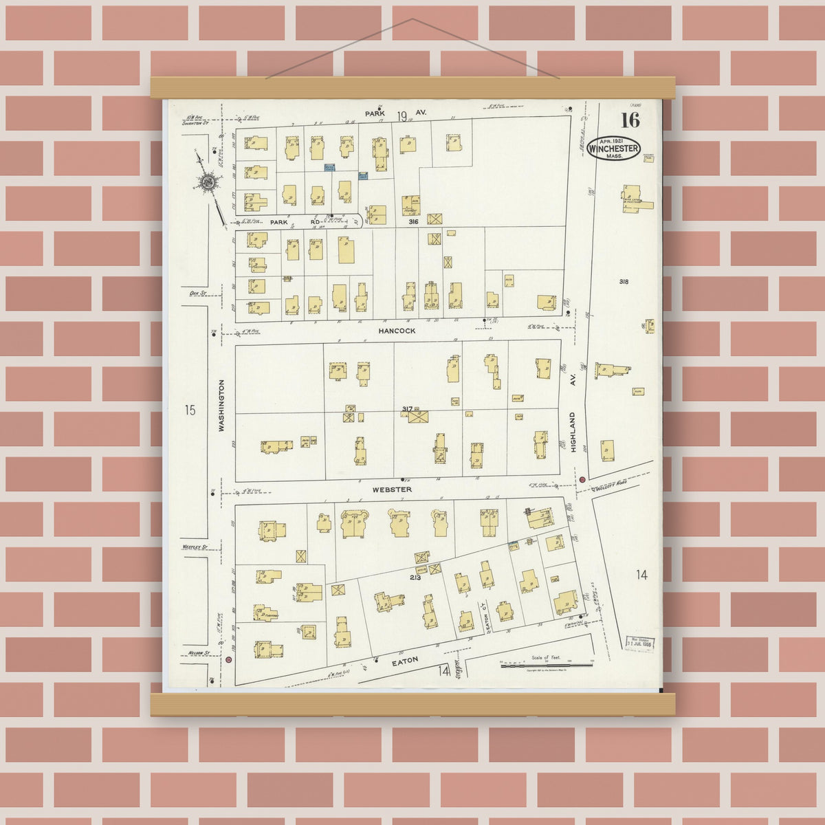 Old map wall art mockup — magnetic wood frame on brick wall — Sanborn Fire Insurance Map from Winchester, Middlesex County, Massachusetts (1921), Sheet #0016