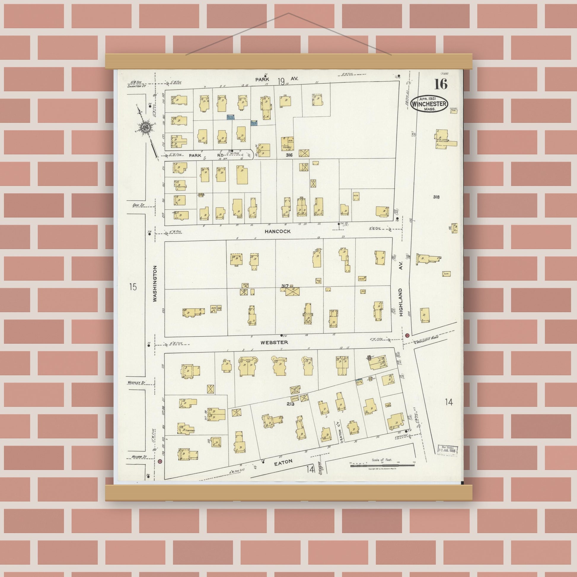 Old map wall art mockup — magnetic wood frame on brick wall — Sanborn Fire Insurance Map from Winchester, Middlesex County, Massachusetts (1921), Sheet #0016
