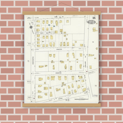 Old map wall art mockup — magnetic wood frame on brick wall — Sanborn Fire Insurance Map from Winchester, Middlesex County, Massachusetts (1921), Sheet #0016