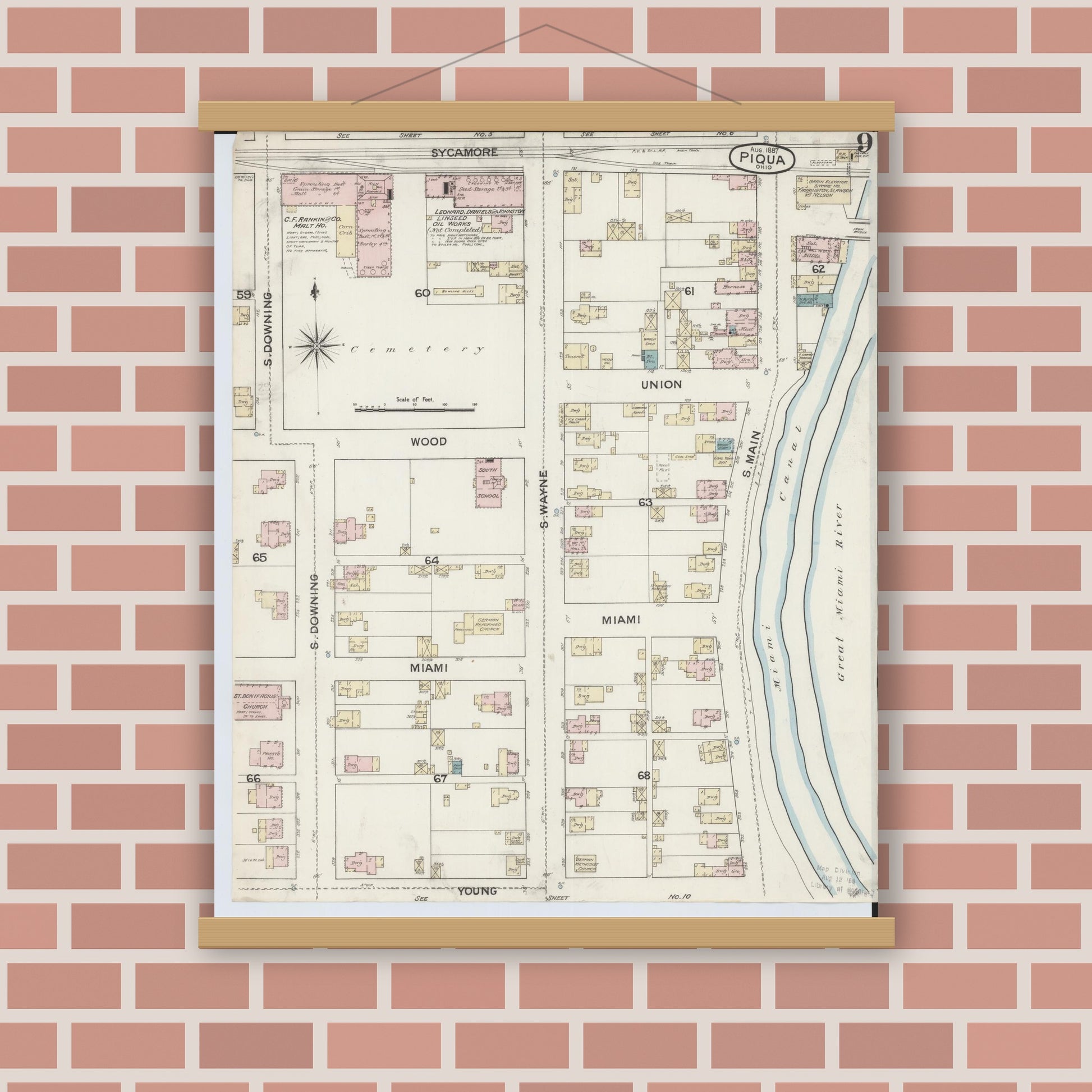 Old map wall art mockup — magnetic wood frame on brick wall — Sanborn Fire Insurance Map from Piqua, Miami County, Ohio (1887), Sheet #0009