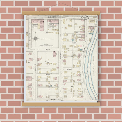Old map wall art mockup — magnetic wood frame on brick wall — Sanborn Fire Insurance Map from Piqua, Miami County, Ohio (1887), Sheet #0009