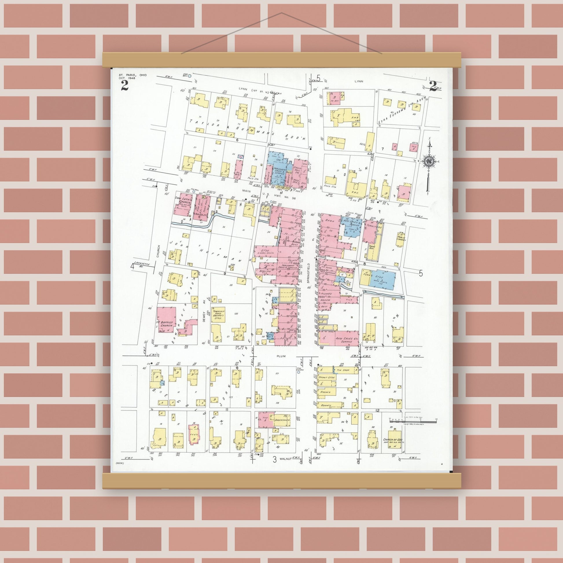 Old map wall art mockup — magnetic wood frame on brick wall — Sanborn Fire Insurance Map from Saint Paris, Champaign County, Ohio (1948), Sheet #0002